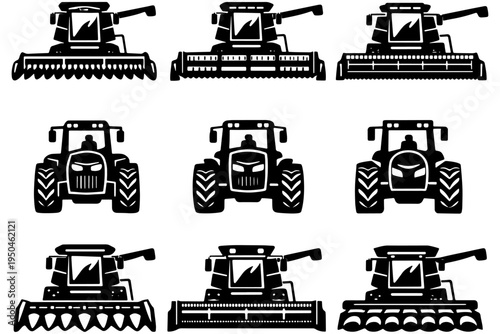 Combine Harvester Black Silhouette Set, Farming Harvesting Equipment Vector