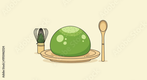 Matcha Green Tea Dessert with Whisk and Spoon, Minimalist Illustration