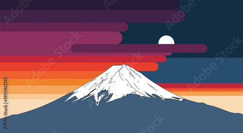 Minimalist Sunset Over Majestic Mount Fuji, Japan - Flat Design