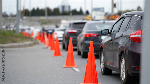Wallpaper Mural Roadside traffic queue with safety cones. Urban congestion on highway; many vehicles wait, showing slow movement and city travel struggle Torontodigital.ca