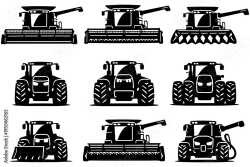 Combine Harvester Silhouettes Collection Agricultural Machinery Vector Set