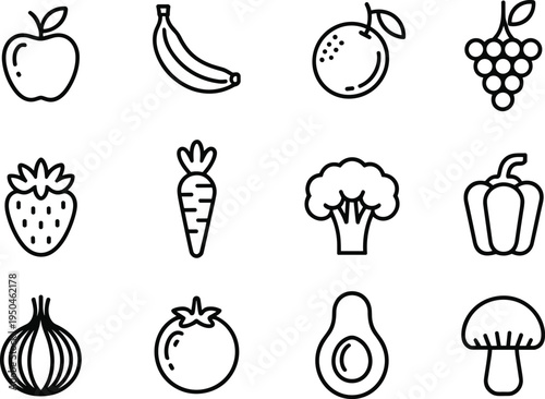 Black line of various fruits and vegetables on white apple banana orange grapes strawberry