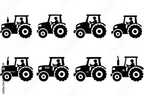 Farmer Driving Tractor Silhouette Vector Set, Agricultural Machinery Icons