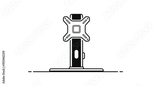 Modern black glyph icon of a desktop monitor stand with a standard VESA mounting bracket to hold a computer screen securely.