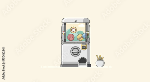 Retro Gachapon Toy Vending Machine with Colorful Capsules and Small Plant