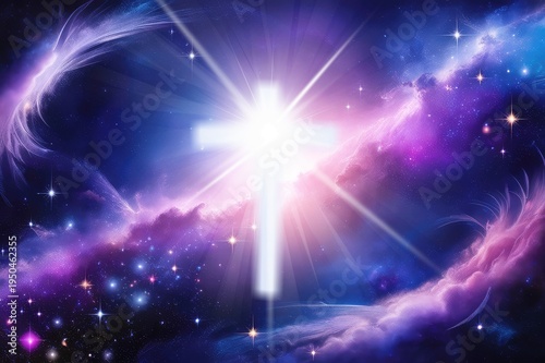 Easter background. Shining cross on sky