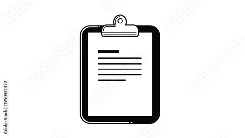 Black and white icon of a clipboard with a clipped document, representing tasks, lists, reports, and official paperwork.