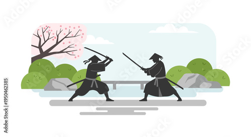 Samurai warriors duel in traditional Japanese garden with cherry blossoms