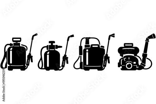 Manual Agricultural Sprayer Silhouette Set, Backpack Pest Control Spray Icons