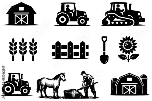 Modern Agriculture Icons Set – Barn, Tractors, Wheat, Sunflower Vector Collection