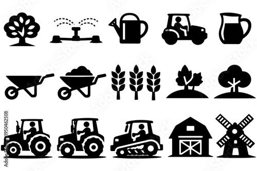 Rural Agriculture Equipment Silhouette Set with Wheelbarrow Tree and Tractor