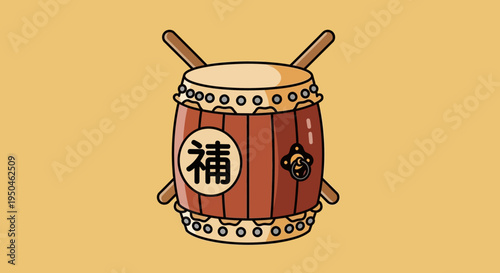 Traditional Japanese Taiko Drum with Kanji Character on Yellow Background