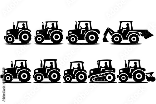 Tractor and Farmer Silhouette Set, Agricultural Equipment Vector Illustration