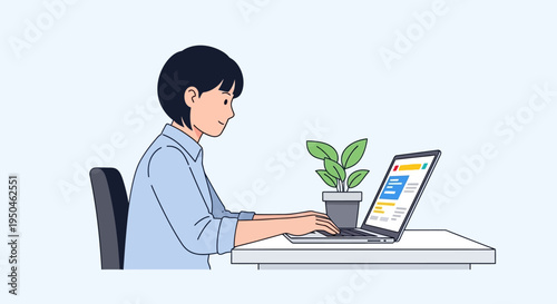 Young woman working on a laptop at a desk with a potted plant, remote work concept