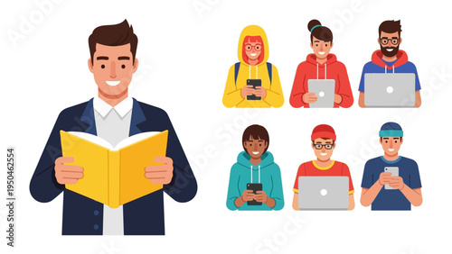 Knowledge and Connection: An intellectual in a suit reads a book, juxtaposed with diverse individuals engaged with technology.