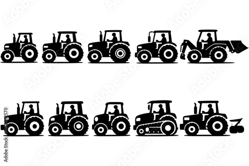 Tractor Silhouette Set with Farmer Driving Agricultural Machinery Vector Collection