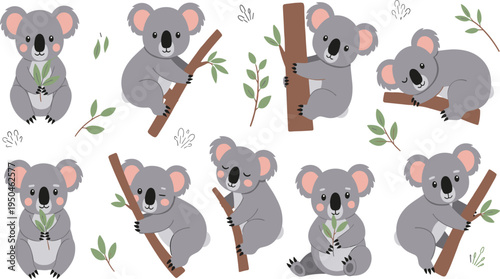 Koala Wildlife Illustration Set Featuring Climbing, Sitting, Hugging Tree, and Eating Eucalyptus Poses of Cute Australian Marsupial in Forest Habitat.
