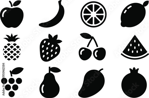Black silhouettes of various fruits on white background apple banana orange slice plum pineapple