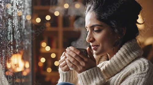 Young woman savoring warm beverage beside rainy window and cozy fireplace with bokeh lights