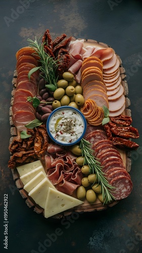 A gourmet charcuterie board overflowing with cured meats olives cheese and dried tomatoes featuring a creamy dip and fresh rosemary sprigs