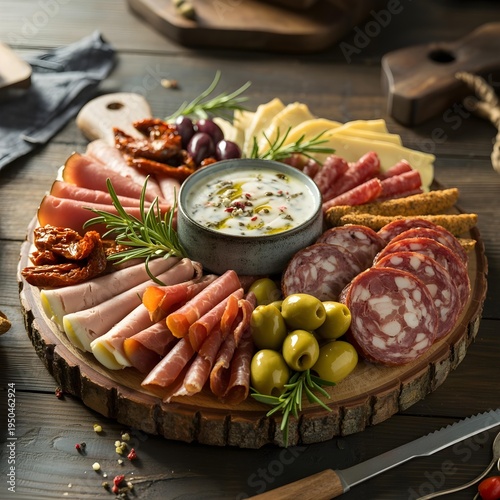 A generous charcuterie board displays a variety of cured meats cheeses olives and a creamy dip