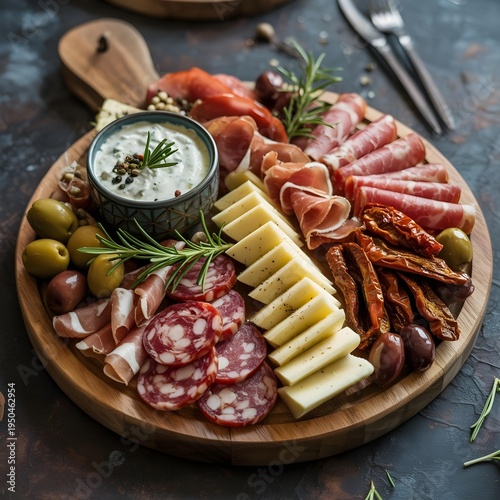 An abundant and appetizing charcuterie board featuring cured meats cheeses olives and sundried tomatoes