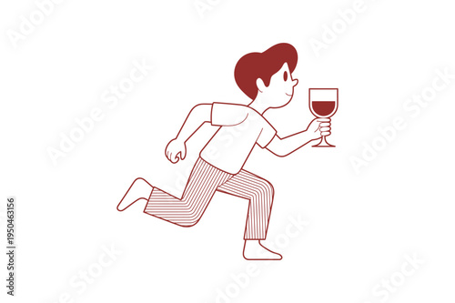 Man running while holding a glass of red wine drink alcohol beverage person cartoon