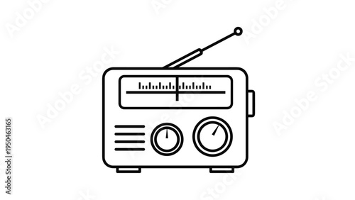 Black outline of a classic portable radio receiver with a telescopic antenna and tuning knobs for finding broadcast stations.