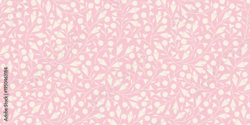 Seamless floral pattern with tiny white petal shapes scattered across a soft pink background. Delicate repeating texture for fabric, wrapping paper, stationery, packaging, wallpaper, and textiles.
