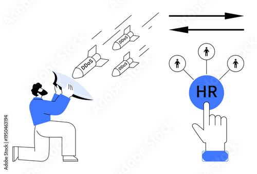 Cybersecurity, workplace risk management, HR software, digital threats, DDoS attack prevention, personnel data systems. Person using a shield to block attacks, HR data flow . Cybersecurity