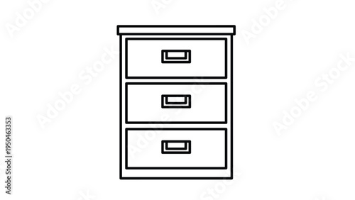 Animated line art of a three-drawer filing cabinet, symbolizing office organization, document storage, data archiving, and administration.
