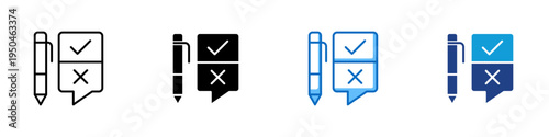 Survey Feedback Multiple Style Icon Design Vector - Pen beside speech bubble with check and cross marks representing user survey response, opinion feedback, and questionnaire evaluation