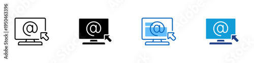 Email Access Multiple Style Icon Design Vector - Computer monitor with at sign and cursor representing email login access, online mail platform entry, and digital communication service