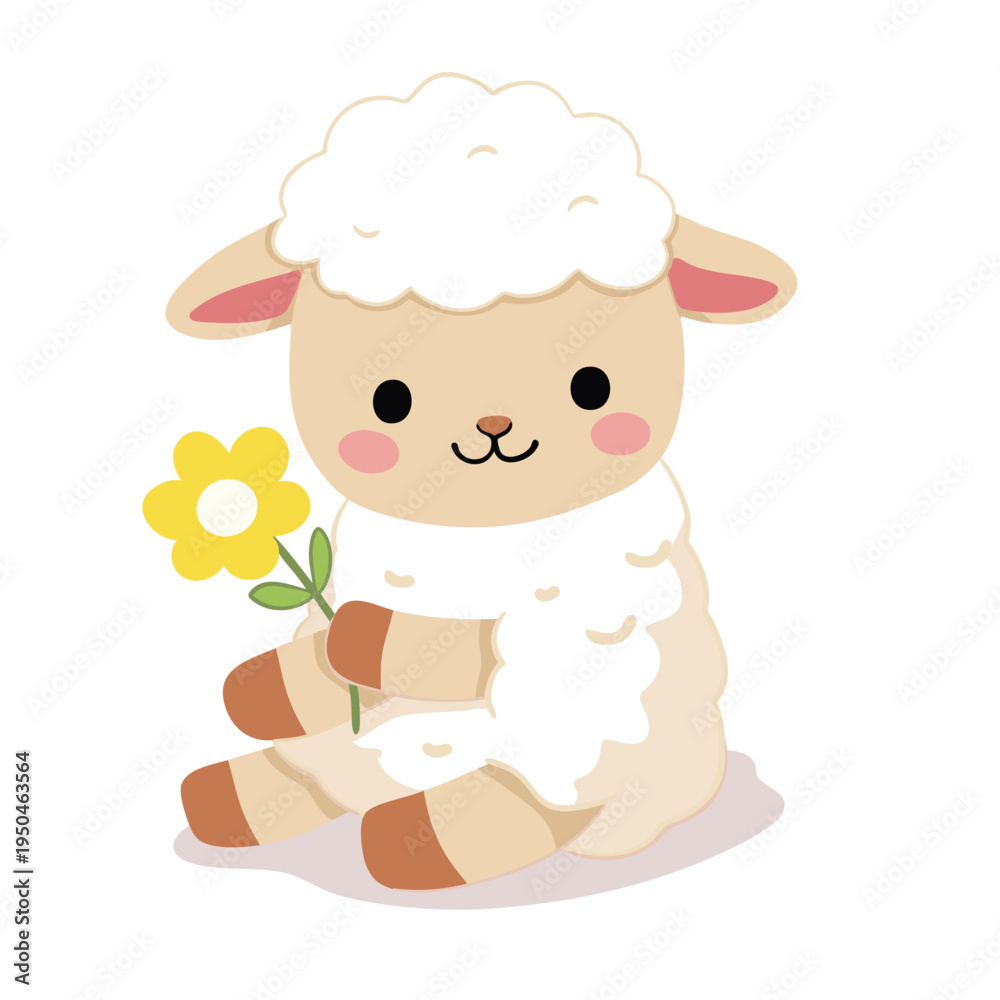 Fototapeta premium Cute white fluffy sheep with a flower