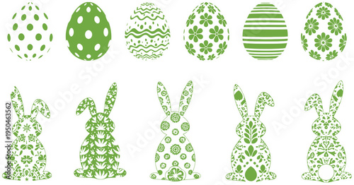 Easter eggs vector graphics and bunny illustrations in green and white