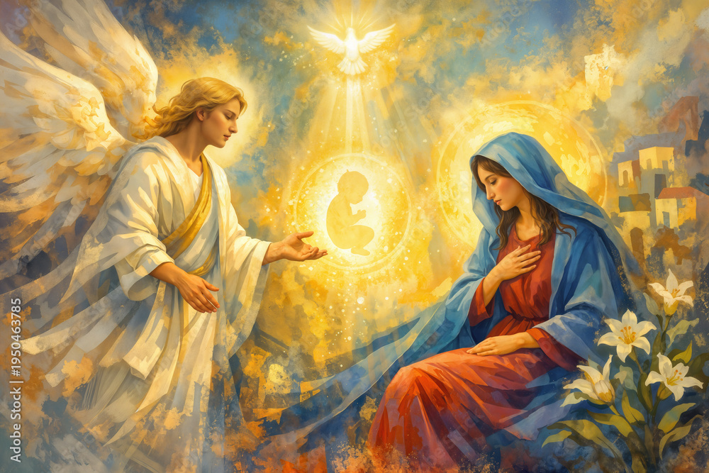 Fototapeta premium Feast of Annunciation March 25 modern spiritual painting of Archangel Gabriel announcing incarnation to Virgin Mary Marian feast sacred art contemporary Christian liturgical celebration