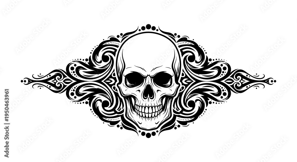Fototapeta premium Intricate Skull Design with Ornate Swirls and Decorative Elements.