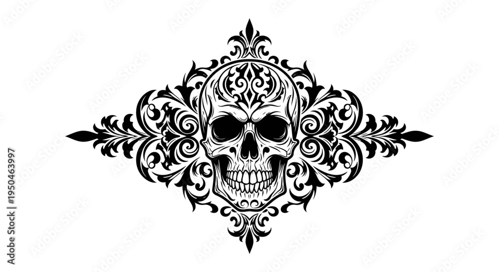 Fototapeta premium Ornate Skull Design with Flourish Embellishments.