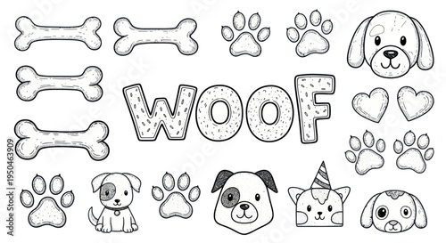 Cute Dog Elements: Woof Text, Bones, Paws, Puppy Faces, Hearts