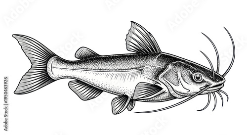 Detailed Black and White Illustration of a Catfish with Whiskers