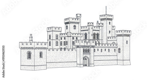 Detailed Sketch of a Majestic Castle with Towers and Battlements