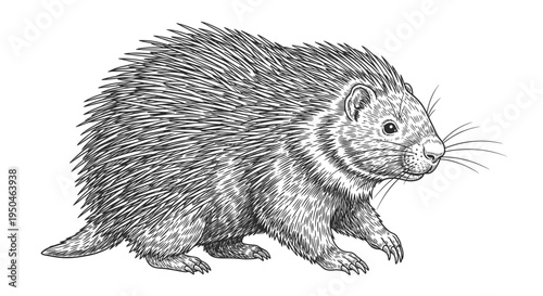 Detailed Ink Drawing of a Porcupine Animal on White Background