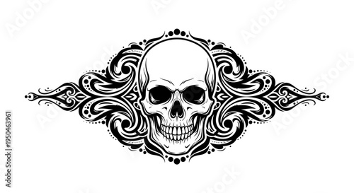 Intricate Skull Design with Ornate Swirls and Decorative Elements.