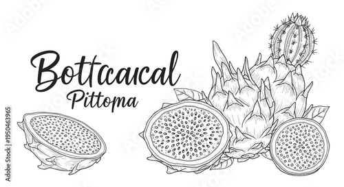 Dragon Fruit Line Art Illustration: Whole and Sliced Pitaya Fruit