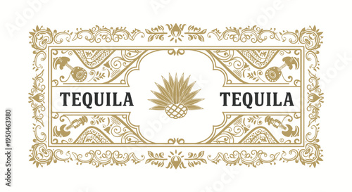 Elegant Tequila Label Design with Agave Illustration and Ornate Border