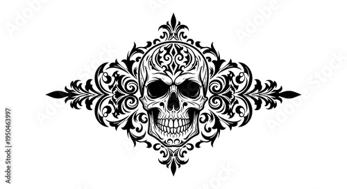 Ornate Skull Design with Flourish Embellishments.