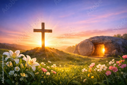 Easter 2026 sunrise with wooden cross on hill, empty stone tomb glowing, lilies and spring flowers symbolizing resurrection hope renewal faith Holy Week Good Friday Easter Sunday