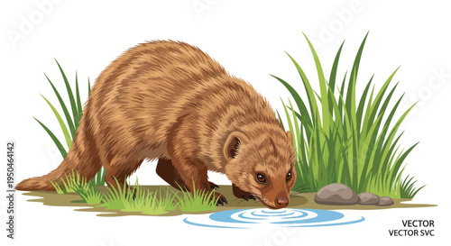 Mongoose Drinking Water in Natural Habitat with Grass and Rocks