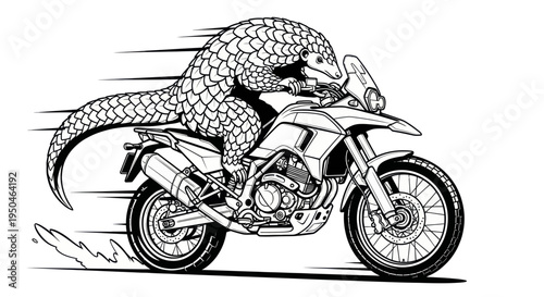 Pangolin riding a motorcycle, cartoon style, motion blur, black and white