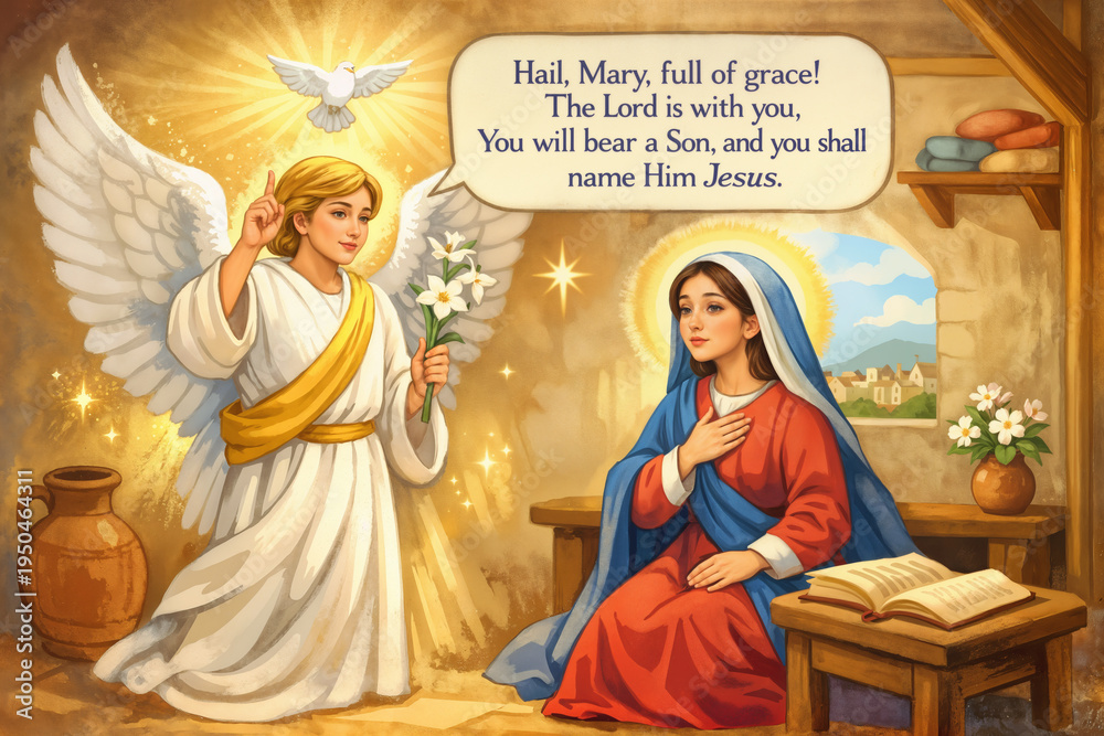 Naklejka premium Feast of Annunciation March 25 Archangel Gabriel announcing Incarnation to Virgin Mary with dove lilies child friendly religious illustration for Sunday school children's Bible lesson